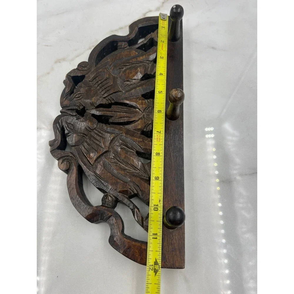 VTG Hand Carved Wood Elephant Wall Hook Rack 3 Peg Key Holder Brown Boho Decor